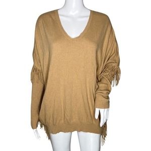 Kontatto Sweater Women Large Tan Wool Cashmere Blend Sloughy Fringe Trim Neutral